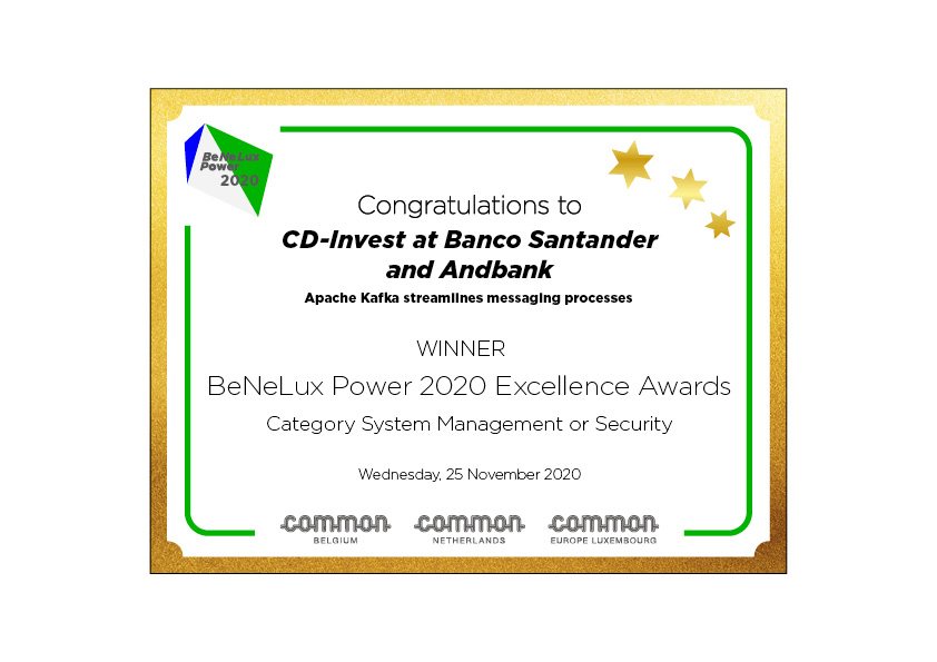 BeNeLux Power 2020 Excellence Award certificate naming CD-Invest for Apache Kafka work at Banco Santander and Andbank