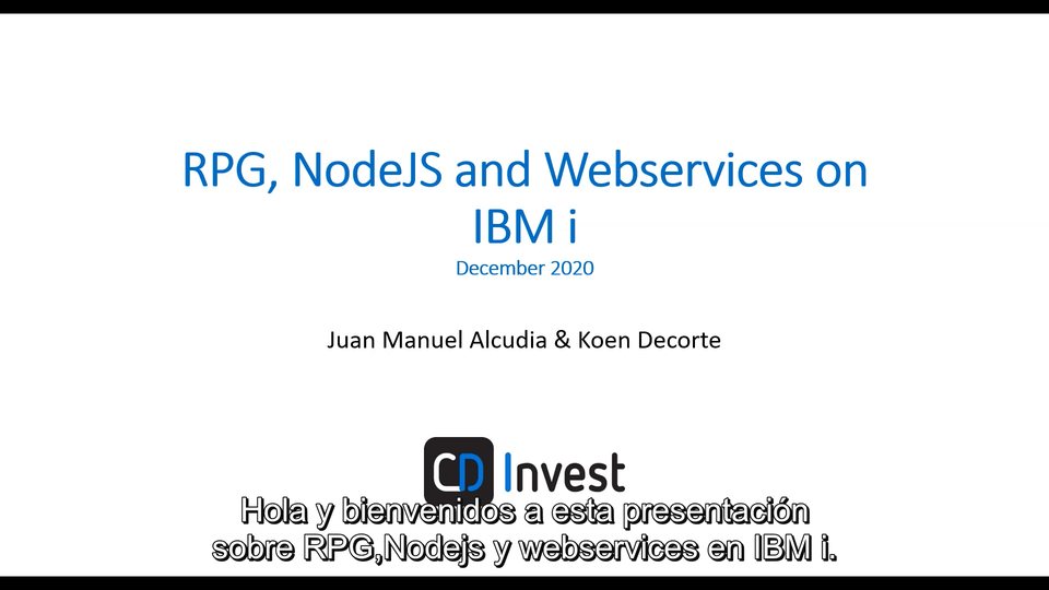 Title slide of the RPG, Node.js and web services on IBM i session at Common Iberia